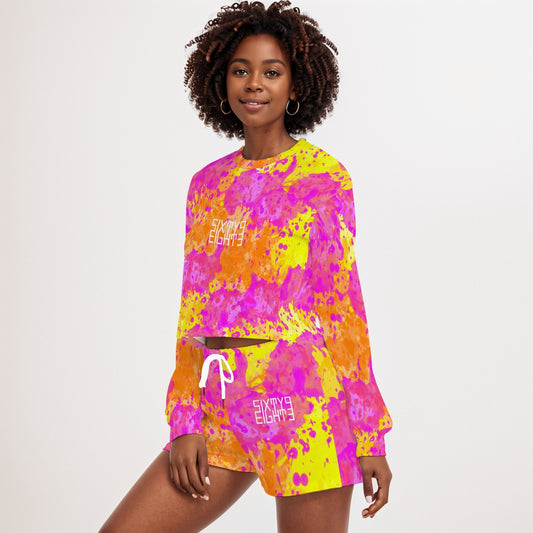 Sixty Eight 93 Logo White POY Women's Short Sweatshirt And Pants Set