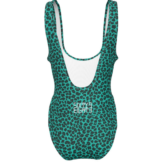 Sixty Eight 93 Logo White Cheetah Aqua Blue Women's High Cut One-Piece Swimsuit
