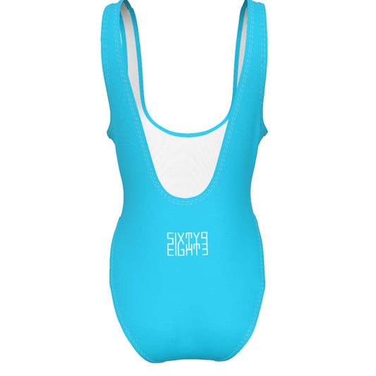 Sixty Eight 93 Logo White Aqua Blue Women's High Cut One-Piece Swimsuit
