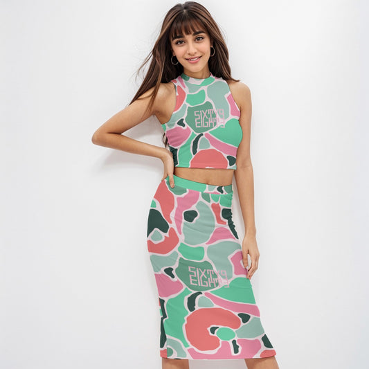 Sixty Eight 93 Logo Pink & White Women's Tank Top & Split High Skirt Set #5