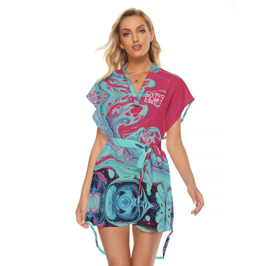 Sixty Eight 93 Upper Logo White Women's Stand-Up Collar Casual Dress With Belt #15