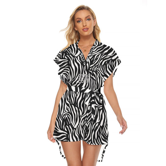 Sixty Eight 93 Logo White & Black Women's Stand-Up Collar Casual Dress With Belt #3