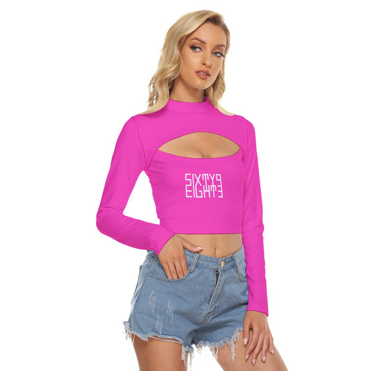 Sixty Eight 93 Logo White Fuchsia Women's Hollow Chest Keyhole Tight Crop Top