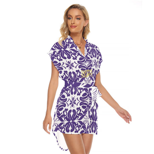 Sixty Eight 93 Logo Gold & White Women's Stand-Up Collar Casual Dress With Belt #5