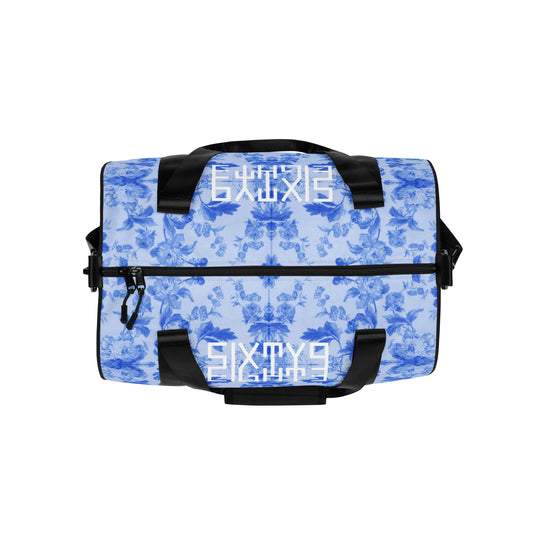 Sixty Eight 93 Logo White Floral Blue and White Gym Bag