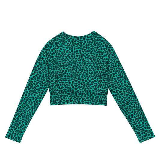 Sixty Eight 93 Logo White Cheetah Aqua Blue Recycled Long-Sleeve Crop Top