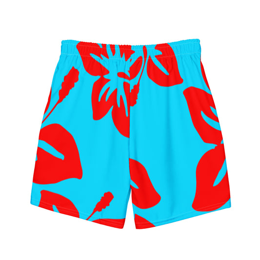 Sixty Eight 93 Logo White Hibiscus Red & Aqua Blue Men's Swim Trunks
