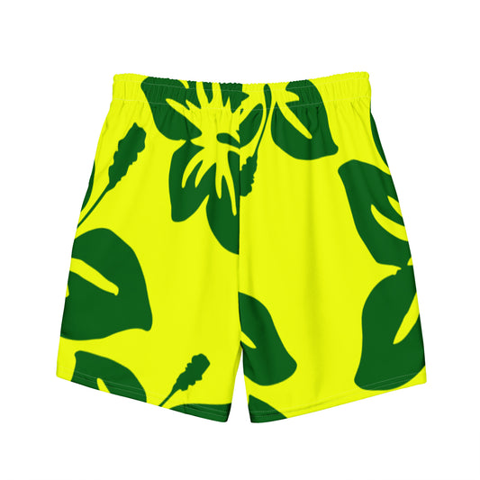 Sixty Eight 93 Logo White Hibiscus Forest Green & Yellow Men's Swim Trunks