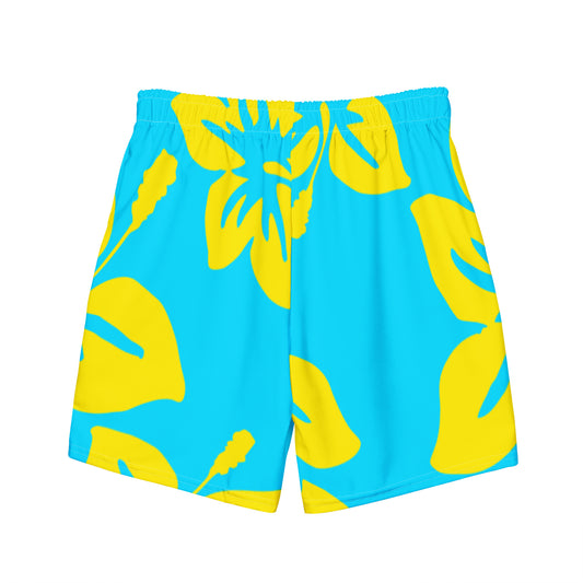 Sixty Eight 93 Logo White Hibiscus Gold & Aqua Blue Men's Swim Trunks