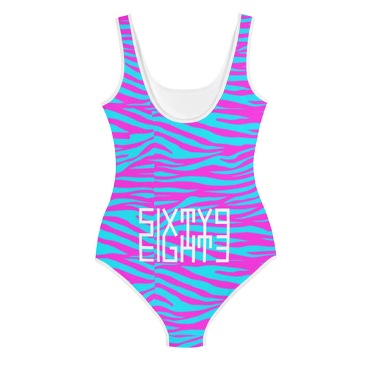 Sixty Eight 93 Logo White Zebra Blueberry Fuchsia Youth Swimsuit