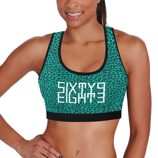 Sixty Eight 93 Logo White Cheetah Aqua Blue Sports Bra