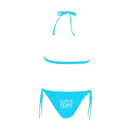 Sixty Eight 93 Logo White Aqua Blue Halter Bikini Swimsuit