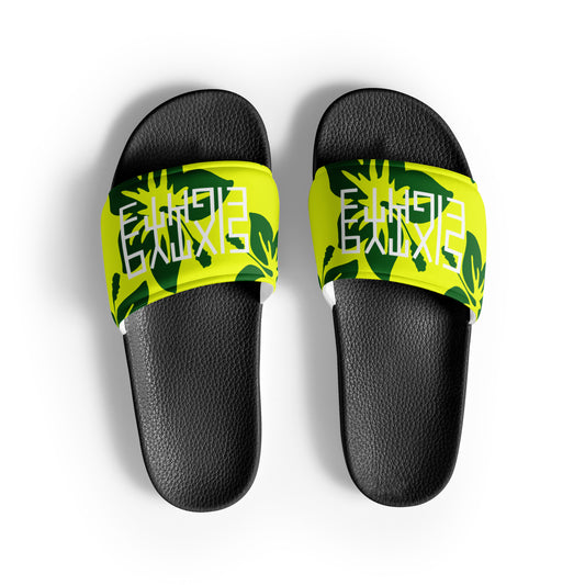 Sixty Eight 93 Logo White Hibiscus Forest Green & Yellow Men’s Slides