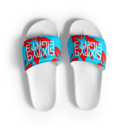 Sixty Eight 93 Logo White Hibiscus Red & Aqua Blue Men's Slides