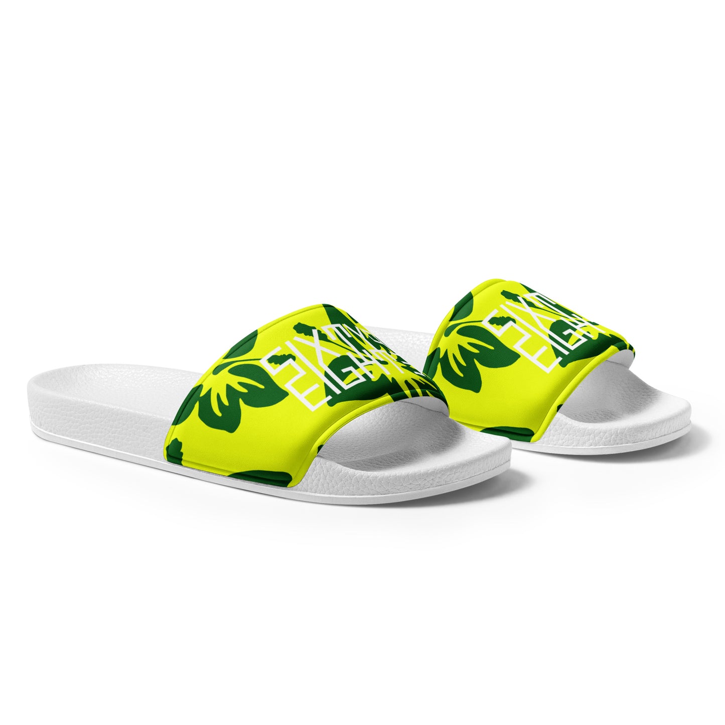 Sixty Eight 93 Logo White Hibiscus Forest Green & Yellow Men’s Slides