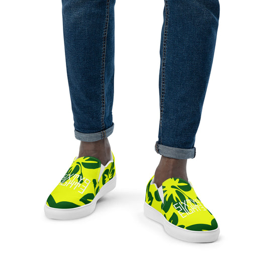 Sixty Eight 93 Logo White Hibiscus Forest Green & Yellow Men's Slip On Shoes
