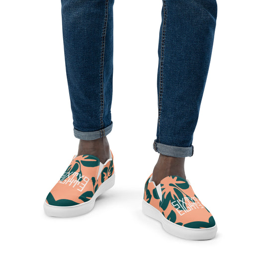 Sixty Eight 93 Logo White Hibiscus Dark Teal Peach Men's Slip On Shoes