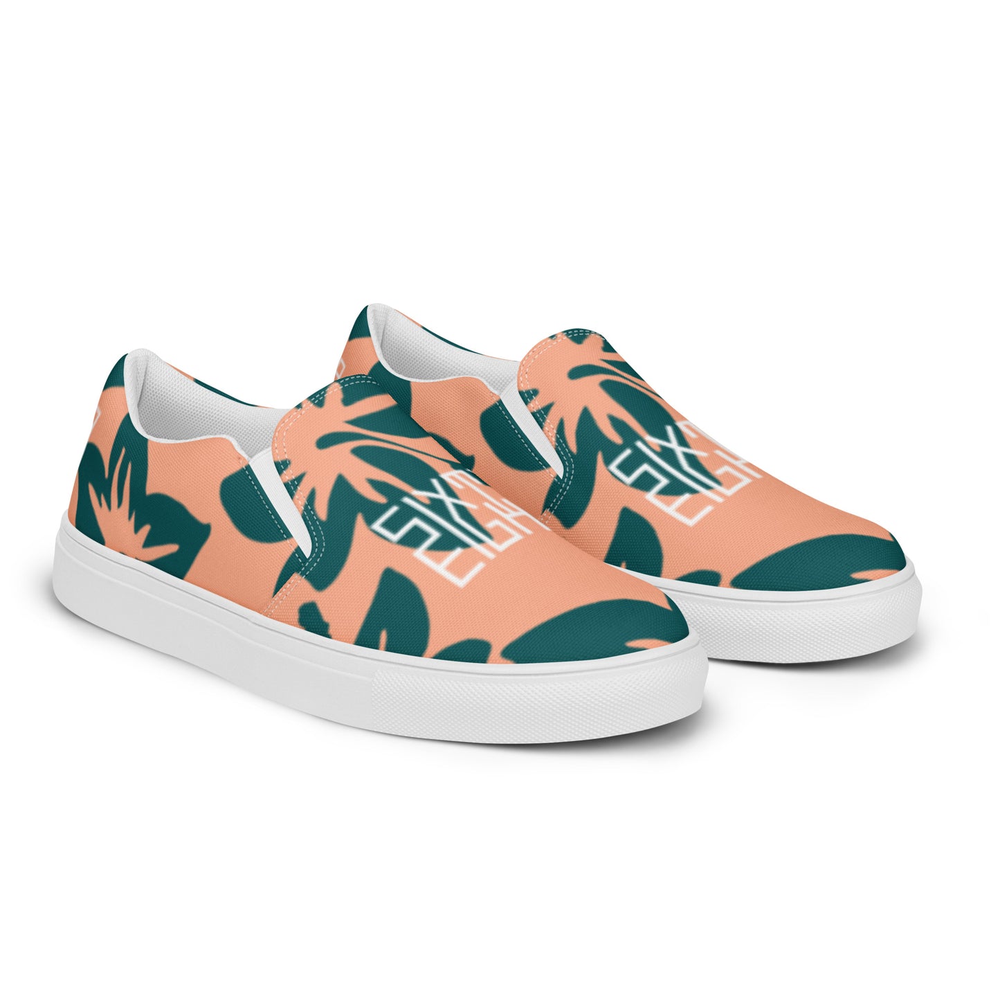 Sixty Eight 93 Logo White Hibiscus Dark Teal Peach Men's Slip On Shoes