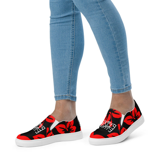 Sixty Eight 93 Logo White Hibiscus Red & Black Women's Slip On Shoes