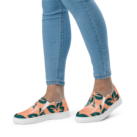 Sixty Eight 93 Logo White Hibiscus Dark Teal Peach Women's Slip On Shoes