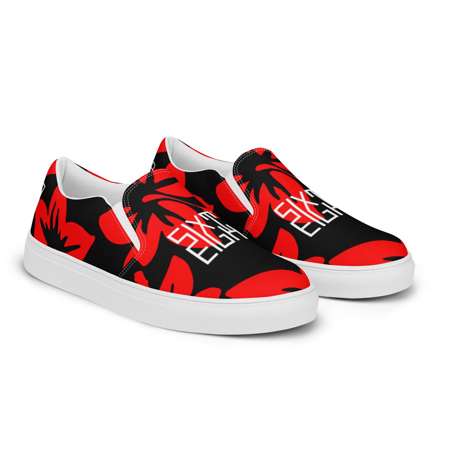 Sixty Eight 93 Logo White Hibiscus Red & Black Women's Slip On Shoes