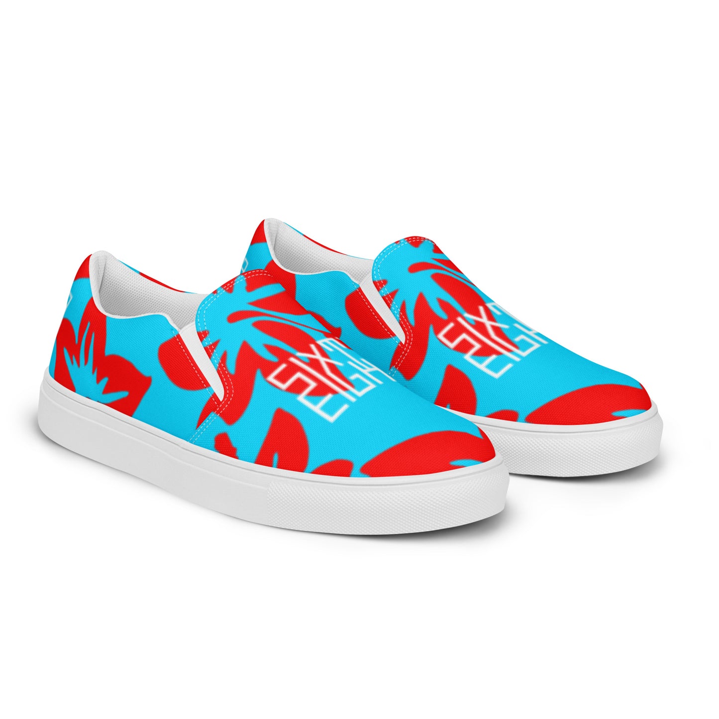 Sixty Eight 93 Logo White Hibiscus Red & Aqua Blue Women's Slip On Shoes