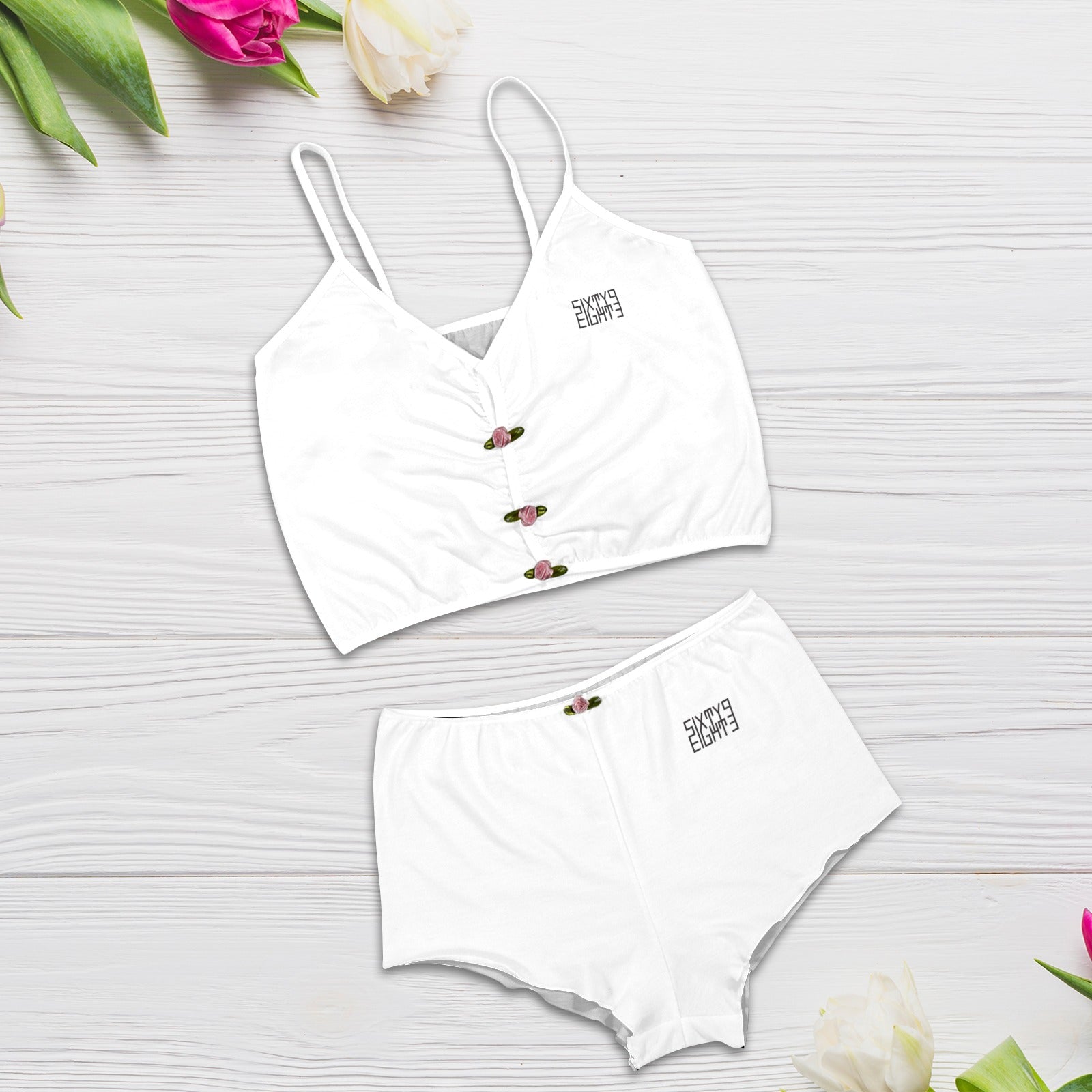 Sixty Eight 93 Logo Black White Women's Rose Button Crop Cami Pajama Set