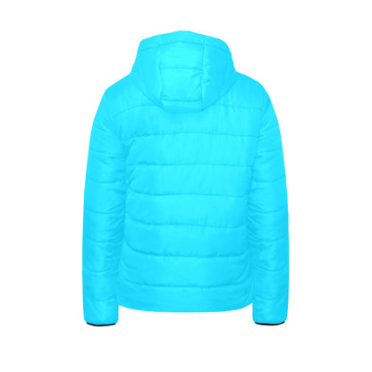Sixty Eight 93 Logo White Aqua Blue Girl's Hooded Long Sleeve Cotton Padded Jacket