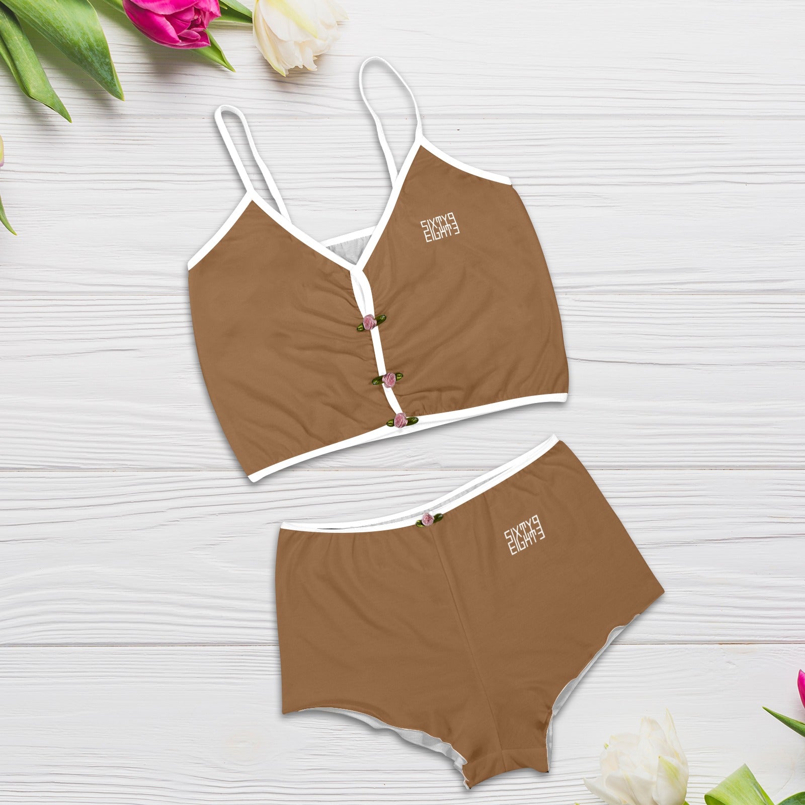 Sixty Eight 93 Logo White Chocolate Brown Women's Rose Button Crop Cami Pajama Set