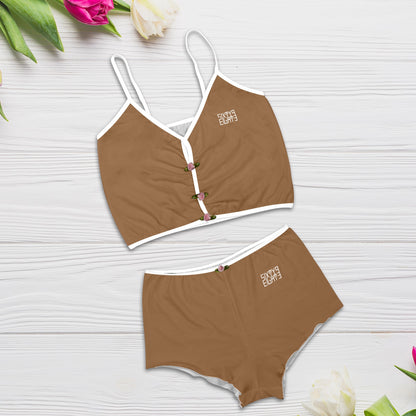Sixty Eight 93 Logo White Chocolate Brown Women's Rose Button Crop Cami Pajama Set