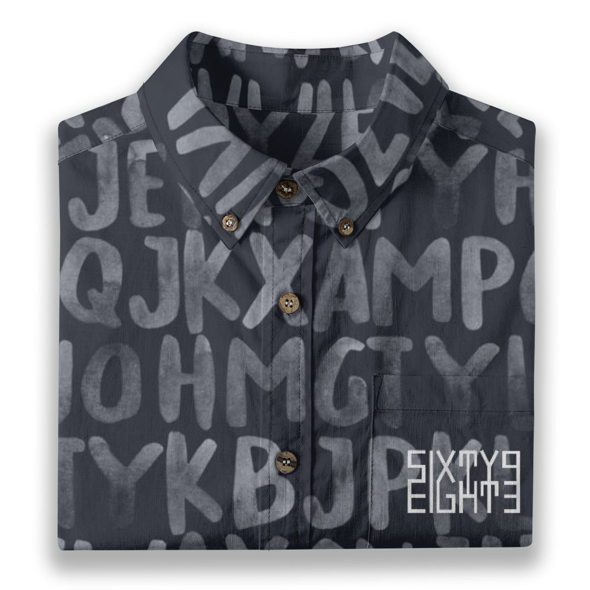 Sixty Eight 93 Logo White Alphabet Gray Cotton Button Up Shirt
