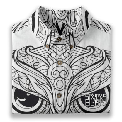Sixty Eight 93 Logo White & Black Owl Cotton Button Up Shirt