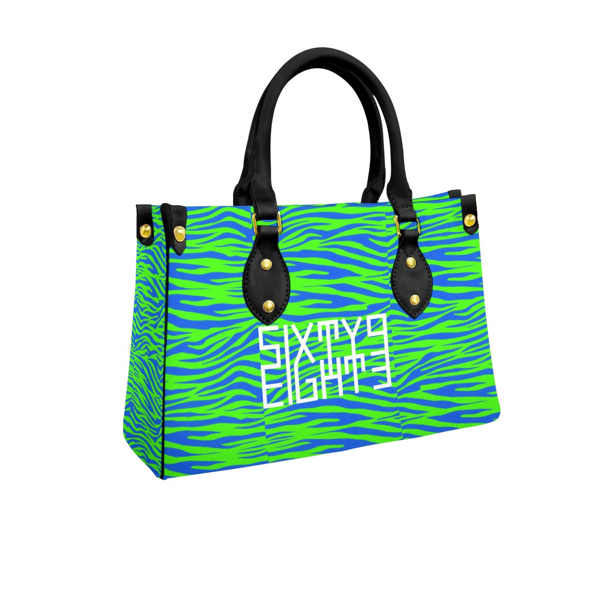 Sixty Eight 93 Logo White Zebra Blueberry Lime Women's Tote Bag With Black Handle