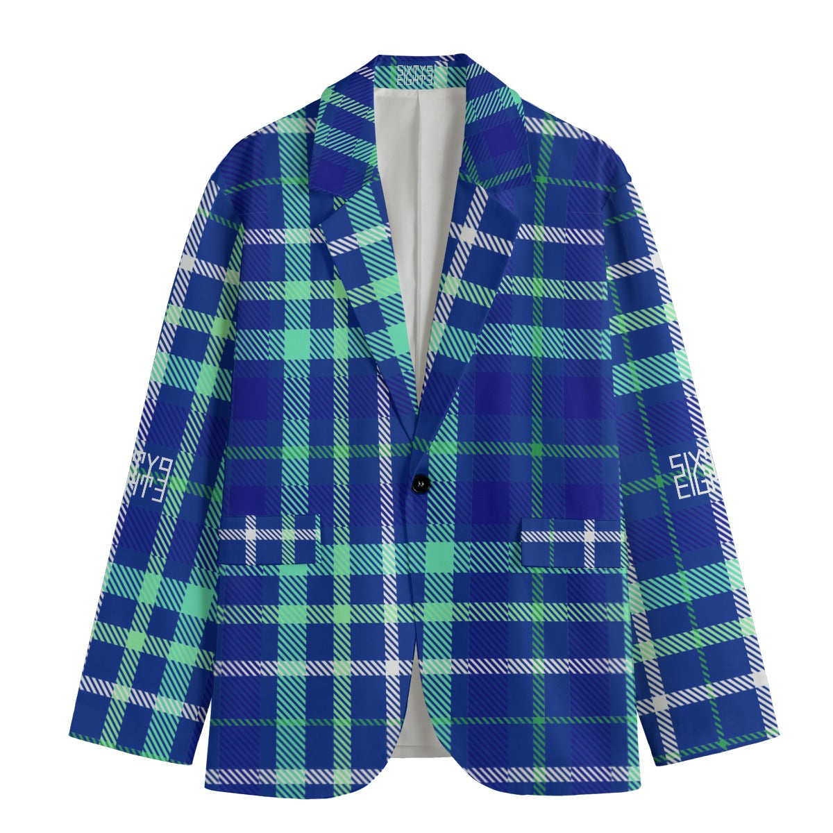 Sixty Eight 93 Checkered Blue & Sea Green Men's Casual Flat Lapel Collar Blazer
