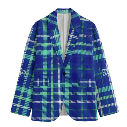 Sixty Eight 93 Checkered Blue & Sea Green Men's Casual Flat Lapel Collar Blazer