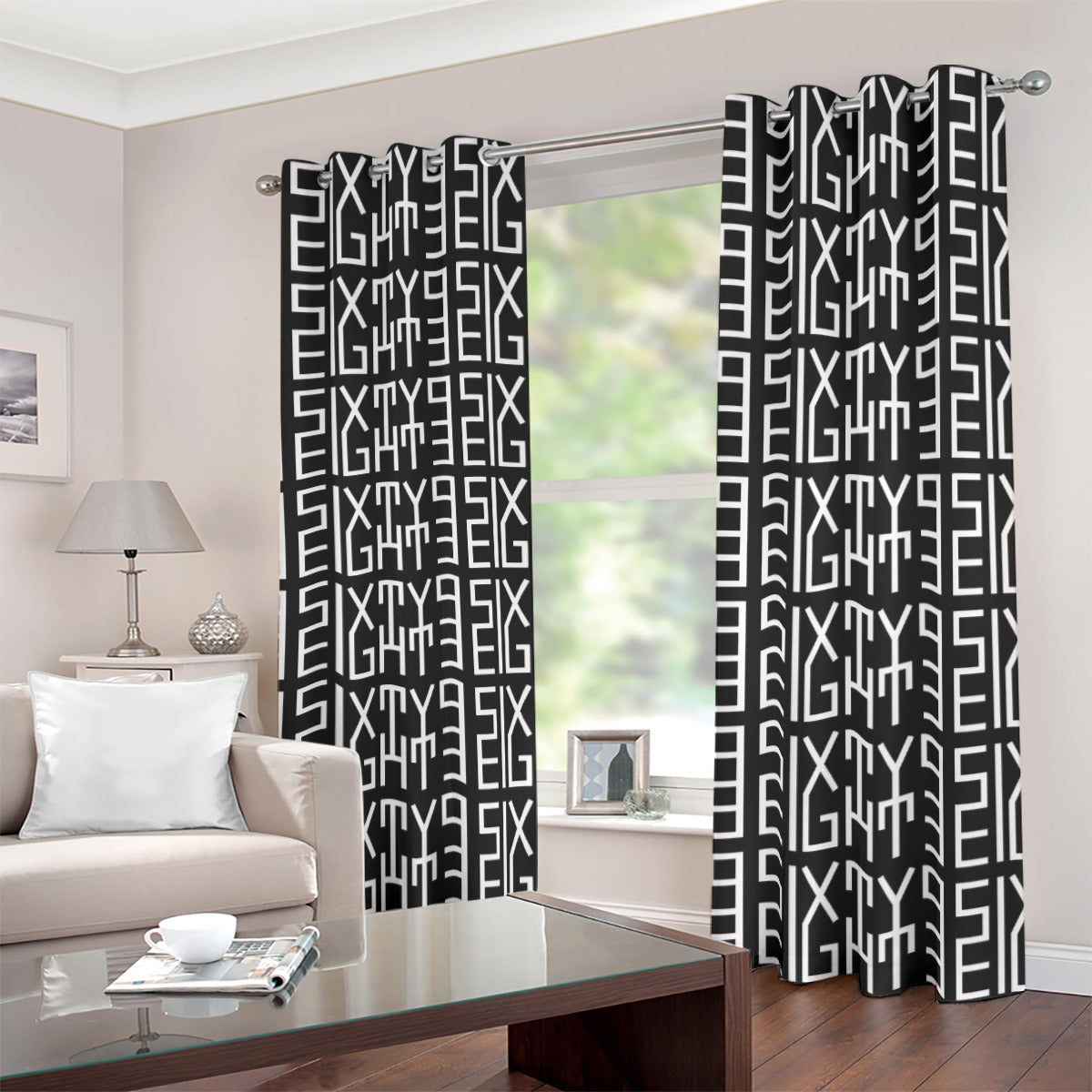 Sixty Eight 93 Infinity Logo White Black Blackout Grommet Curtains