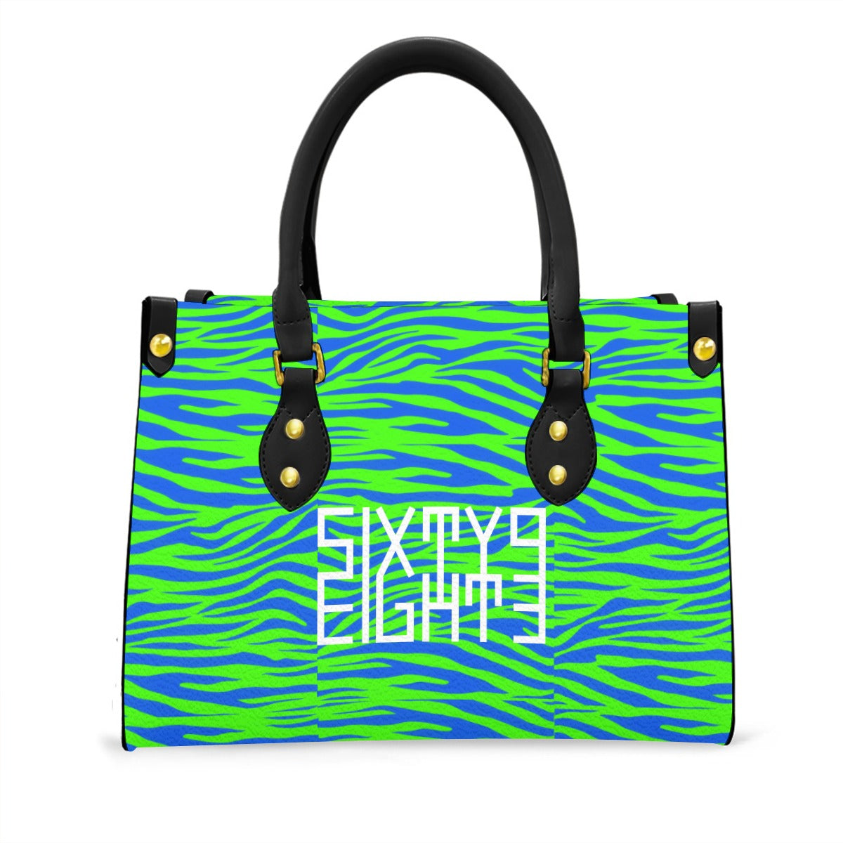 Sixty Eight 93 Logo White Zebra Blueberry Lime Women's Tote Bag With Black Handle