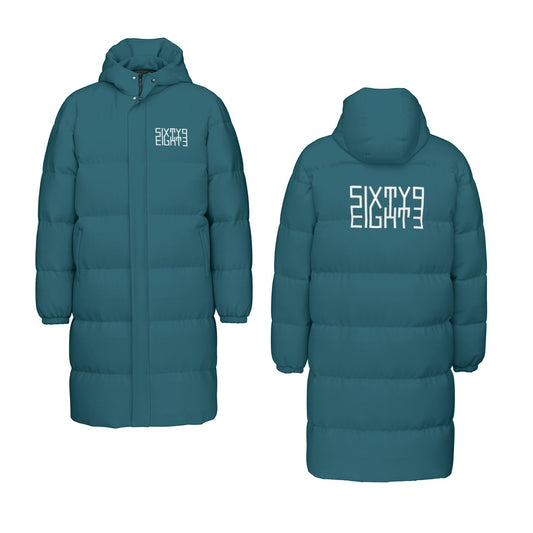 Sixty Eight 93 Logo White Dark Teal Unisex Long Puff Jacket