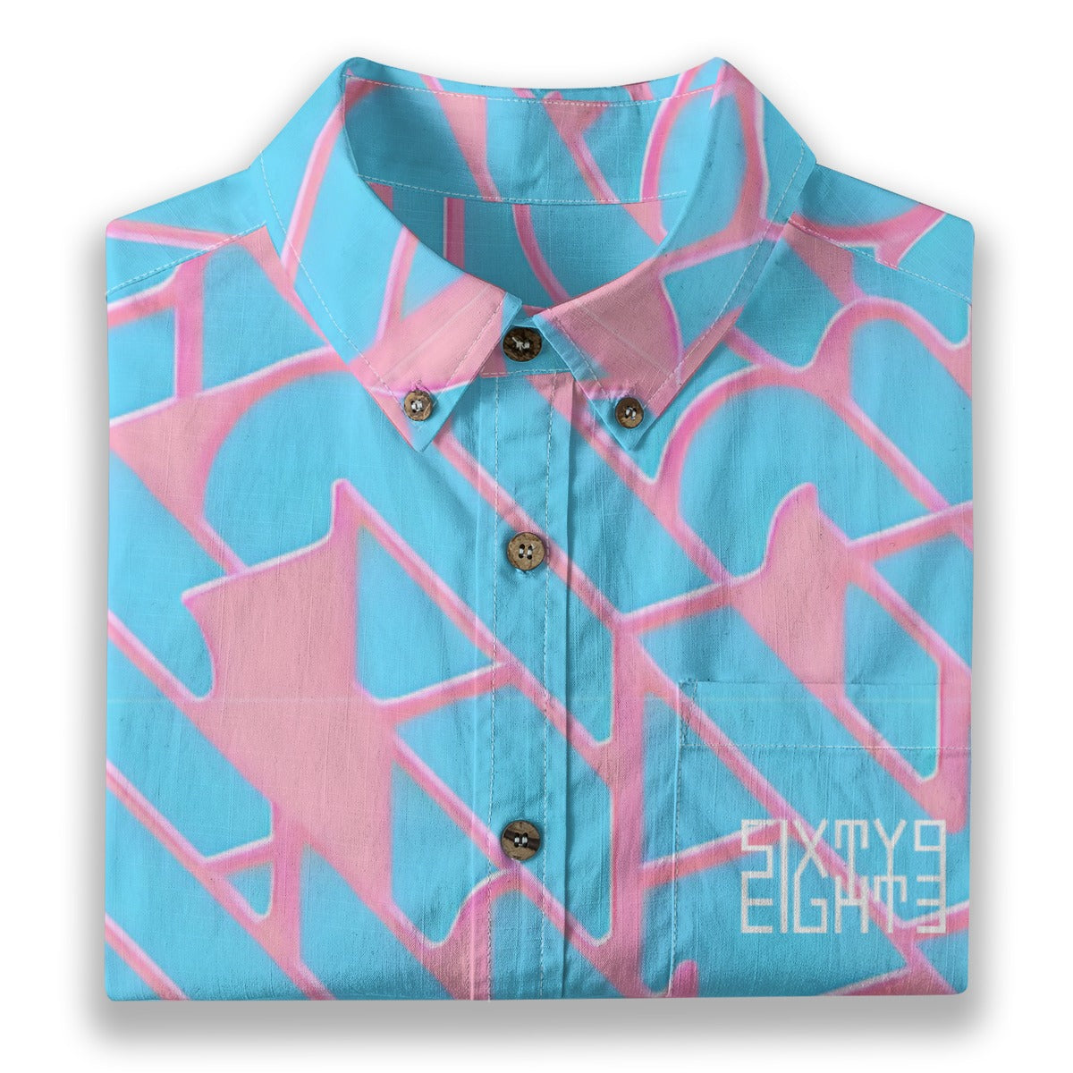 Sixty Eight 93 Logo White Sky Blue Bubblegum Cotton Button Up Shirt