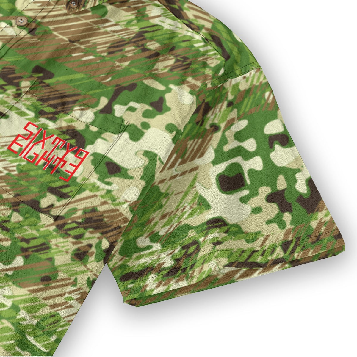 Sixty Eight 93 Logo Red Camo Leaf Bud Umber Cotton Button Up Shirt