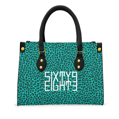 Sixty Eight 93 Logo White Cheetah Aqua Blue Women's Tote Bag With Black Handle