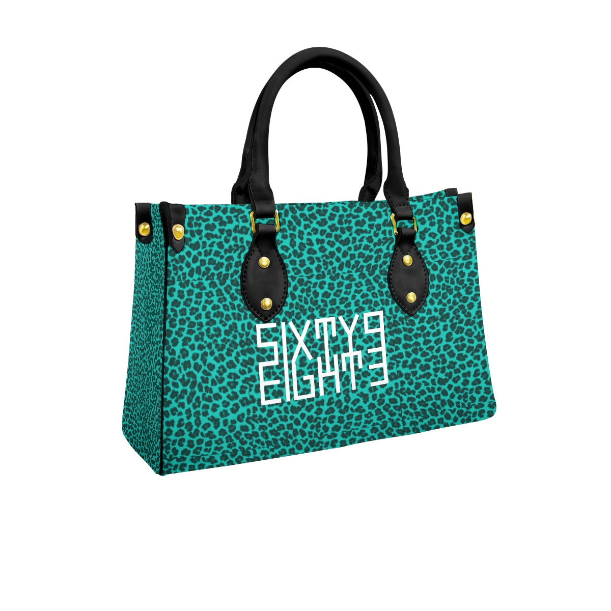 Sixty Eight 93 Logo White Cheetah Aqua Blue Women's Tote Bag With Black Handle