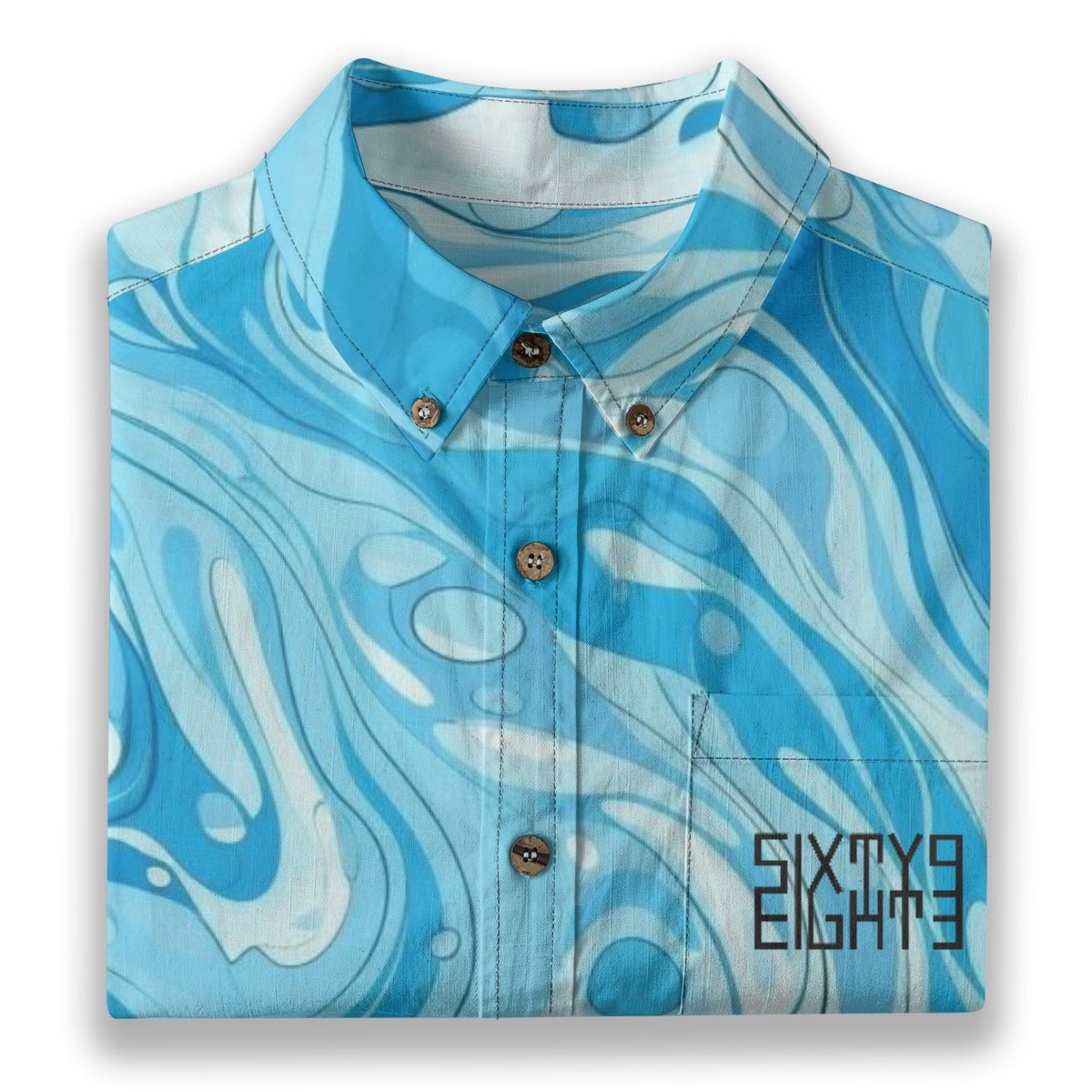 Sixty Eight 93 Logo Black Aqua Tsunami Cotton Button Up Shirt