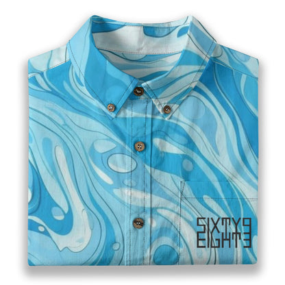 Sixty Eight 93 Logo Black Aqua Tsunami Cotton Button Up Shirt
