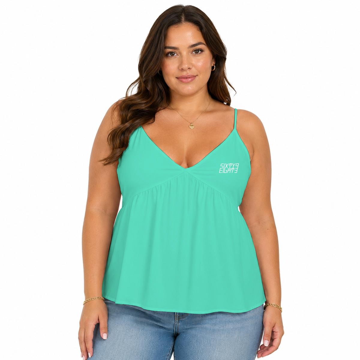 Sixty Eight 93 Logo White Turquoise Women's Cami Peplum Top