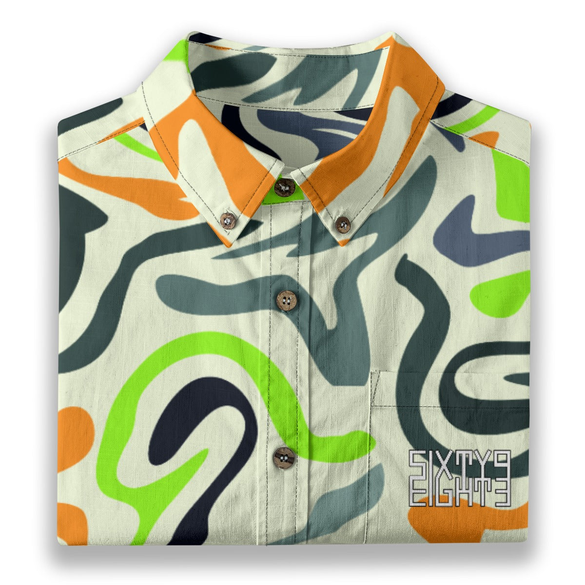 Sixty Eight 93 Logo White & Black French Orange Gunmetal Cotton Button Up Shirt