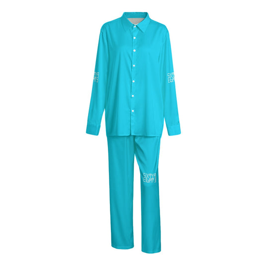 Sixty Eight 93 Logo White Aqua Blue Unisex Imitation Silk Pajama Set