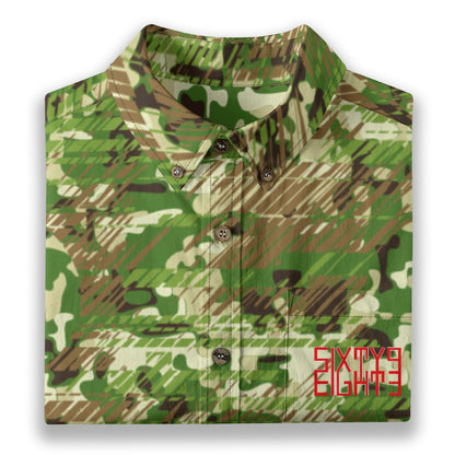 Sixty Eight 93 Logo Red Camo Leaf Bud Umber Cotton Button Up Shirt
