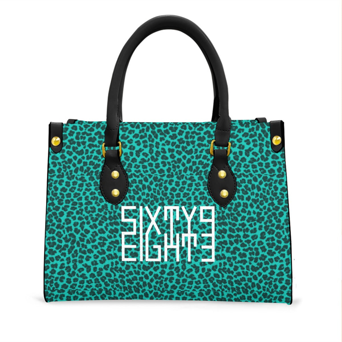 Sixty Eight 93 Logo White Cheetah Aqua Blue Women's Tote Bag With Black Handle