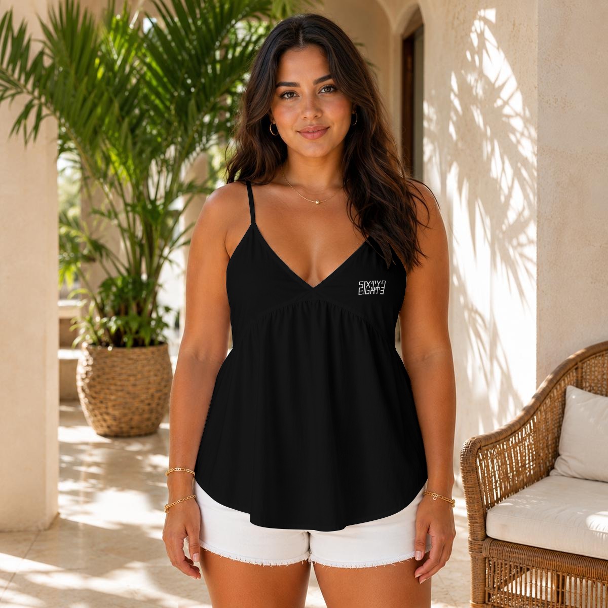 Sixty Eight 93 Logo White Women's Black Cami Peplum Top